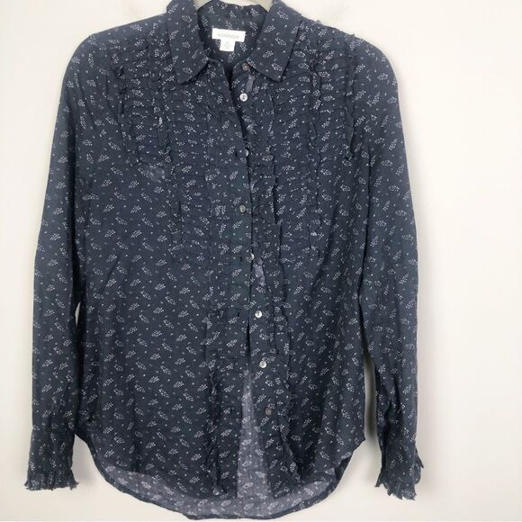 SUNDANCE | Nola Button Down Printed Shirt Navy Blue & White Women’s Size X-Small - Picture 1 of 10